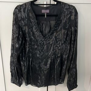 Hale Bob Black Sheer Shiny Top Embellished V Neck Long Sleeves Blouse Medium M